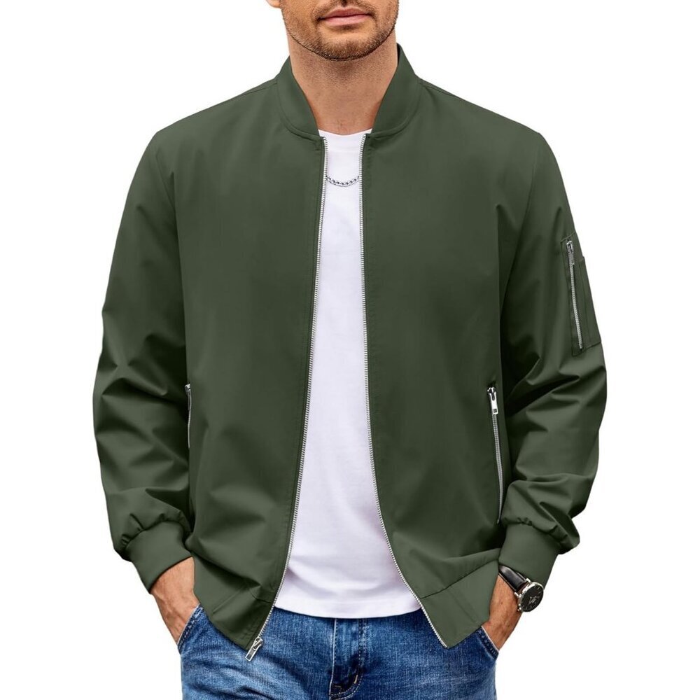 Men's Fashion Stylish Green Bomber Jacket Coat Lightweight Casual Zip Up Pocket